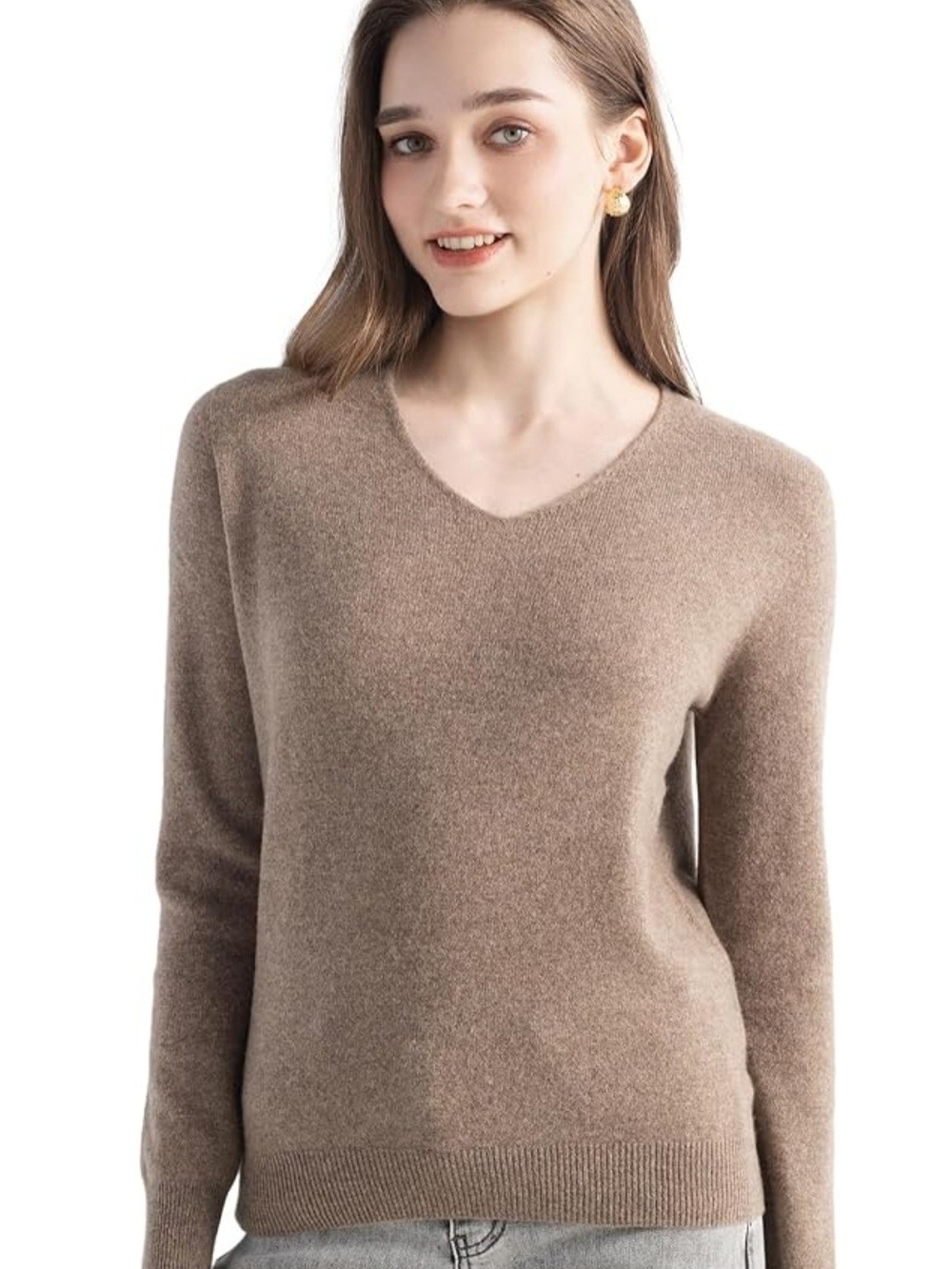 Chanyarn 100% Superfine Merino Wool V-Neck Seamless Sweater Beige Sz S SoftLux